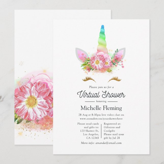 Invitación Baby Shower virtual de Rainbow Unicorn florido ros (Anverso / Reverso)