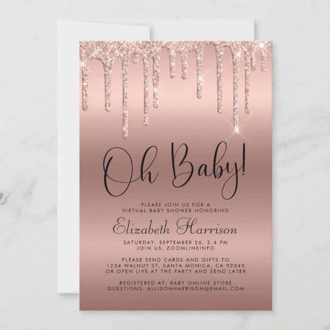 Invitación Baby Shower virtual de Rosa Purpurina Gold (Anverso)