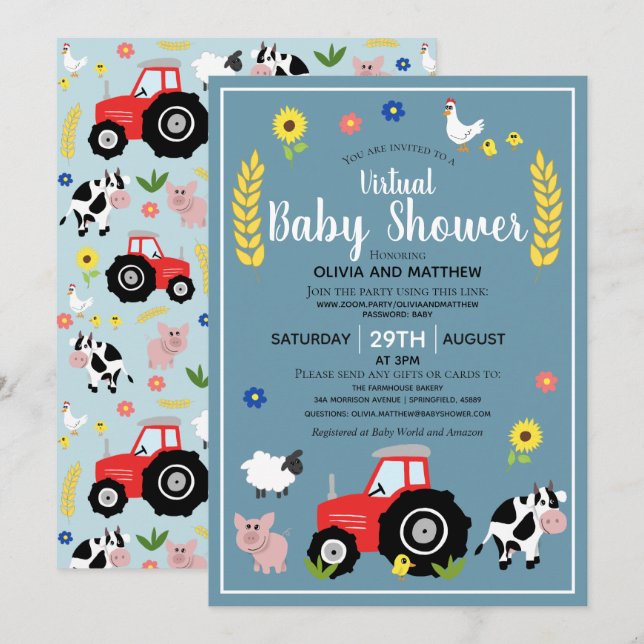 Invitación Baby Shower virtual de Rústico Farm Tractor para N (Anverso / Reverso)