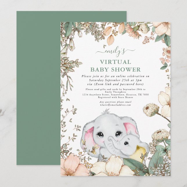 Invitación Baby Shower virtual de salchicha de elefantes cutá (Anverso / Reverso)