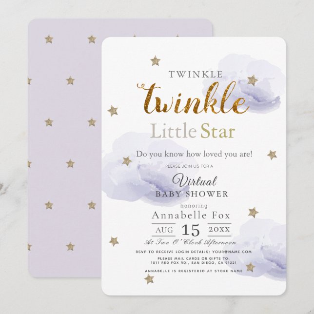 Invitación Baby Shower virtual de Twinkle Little Star Lavende (Anverso / Reverso)