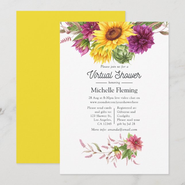 Invitación Baby Shower virtual de verano de girasol (Anverso / Reverso)
