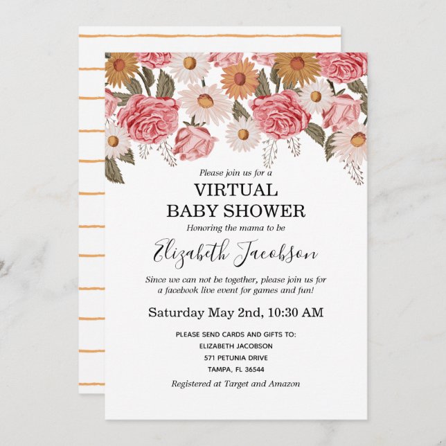 Invitación Baby Shower virtual de Vintage Florals (Anverso / Reverso)