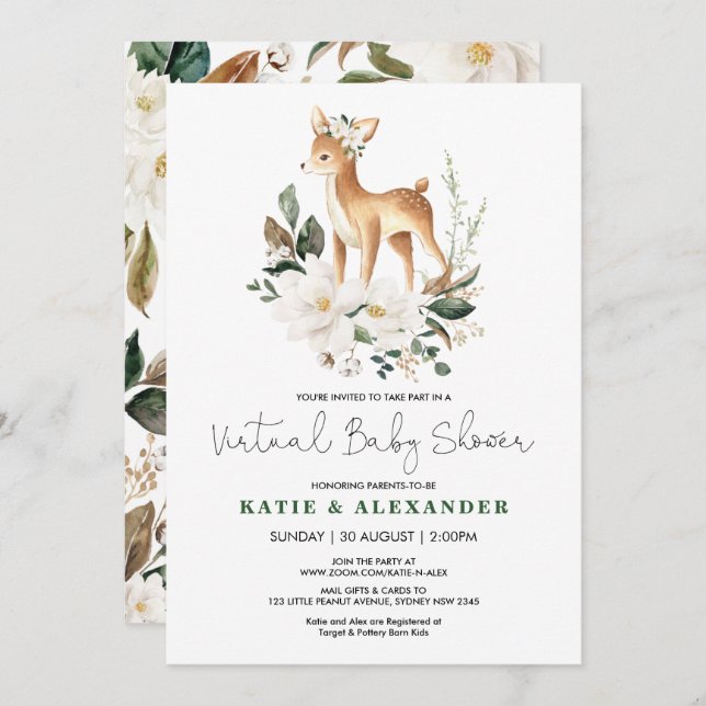 Invitación Baby Shower virtual de Woodland Deer Ivory Floral (Anverso / Reverso)