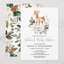 Invitación Baby Shower virtual de Woodland Deer Ivory Floral