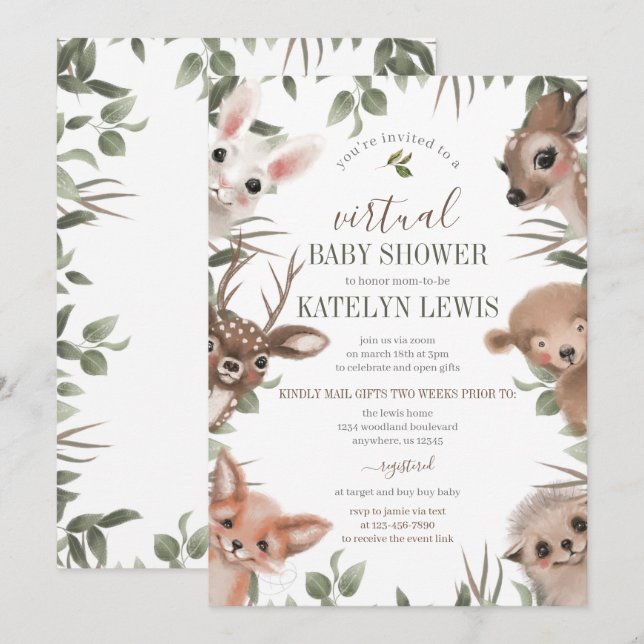 Invitación Baby Shower virtual de Woodland Greenery (Anverso / Reverso)