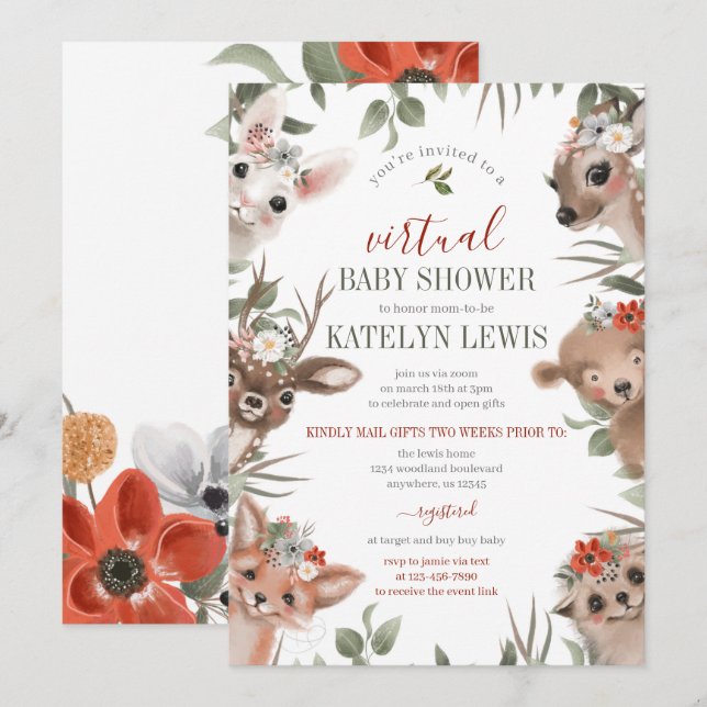 Invitación Baby Shower virtual de Woodland Greenery (Anverso / Reverso)