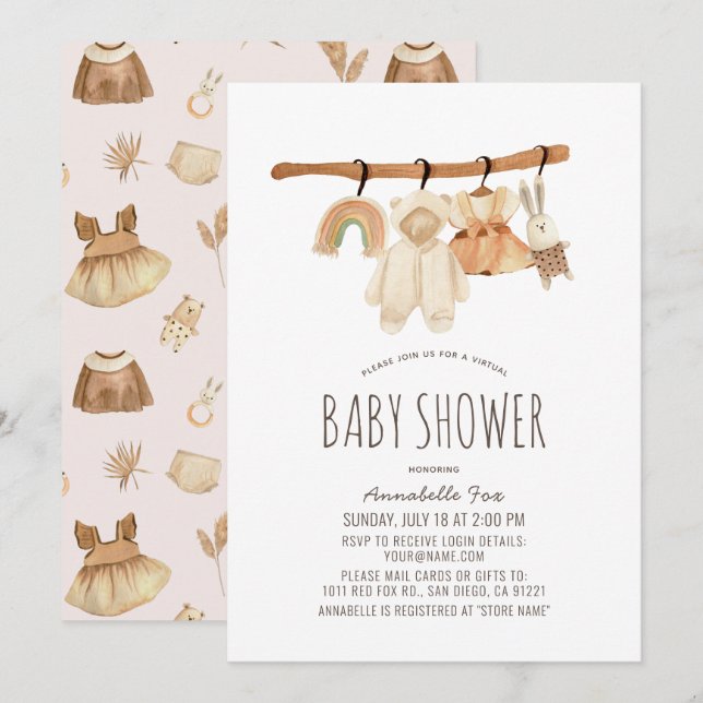 Invitación Baby Shower virtual del Chica Boho Clothesline (Anverso / Reverso)