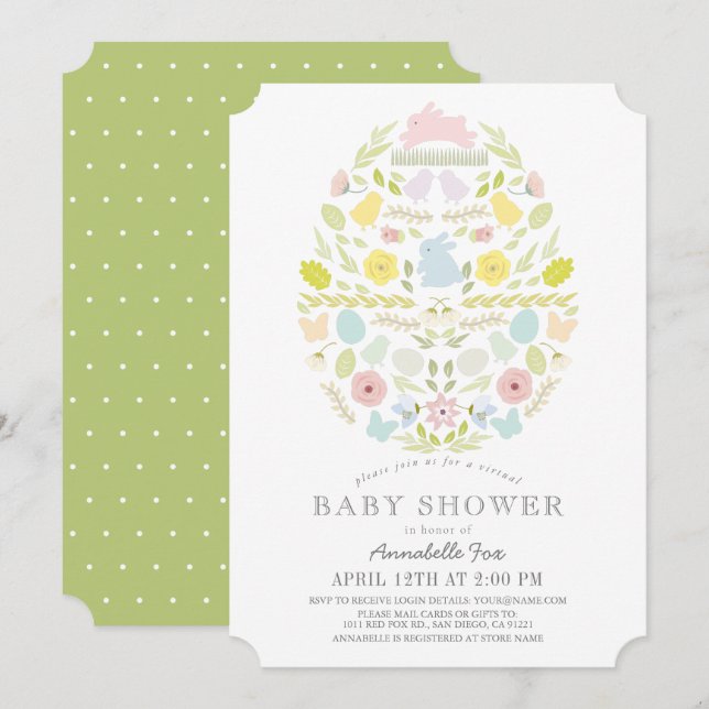 Invitación Baby Shower virtual del conejo de huevos de pascua (Anverso / Reverso)