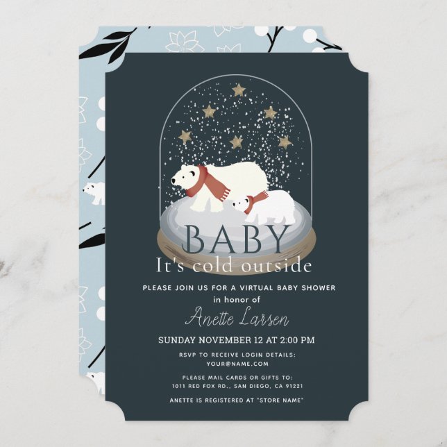 Invitación Baby Shower virtual del Globo de Nieve de Oso Pola (Anverso / Reverso)