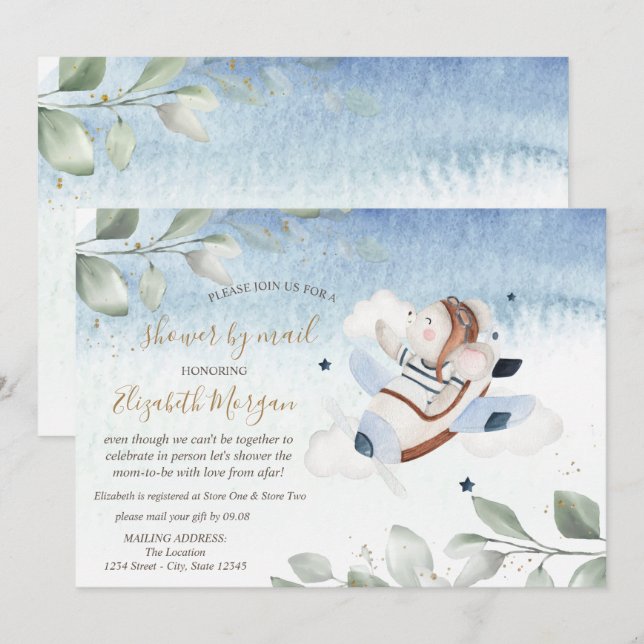 Invitación Baby Shower virtual del ratón del avión por correo (Anverso / Reverso)