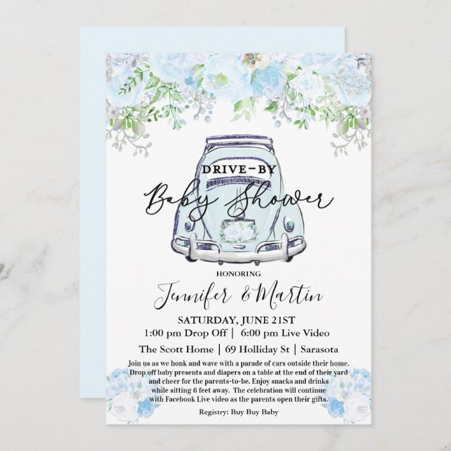 Invitación Baby Shower Virtual Drive By Baby Shower (Anverso / Reverso)
