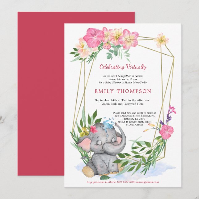 Invitación Baby Shower virtual geométrico de elefante floral  (Anverso / Reverso)