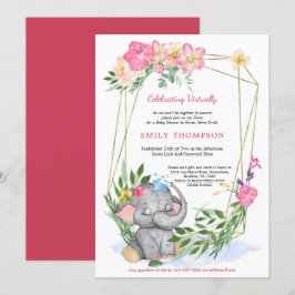 Invitación Baby Shower virtual geométrico de elefante floral 