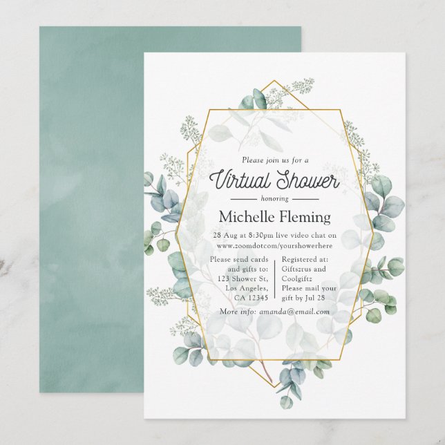 Invitación Baby Shower virtual geométrico de Eucalyptus (Anverso / Reverso)