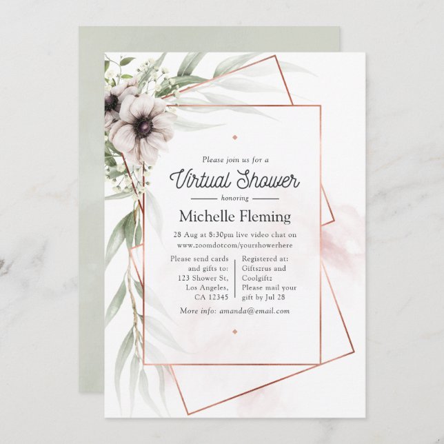 Invitación Baby Shower virtual geométrico floral de Eucalyptu (Anverso / Reverso)