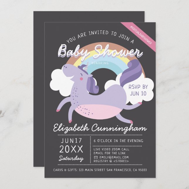 Invitación Baby Shower virtual moderno con un lindo arcoiris  (Anverso / Reverso)