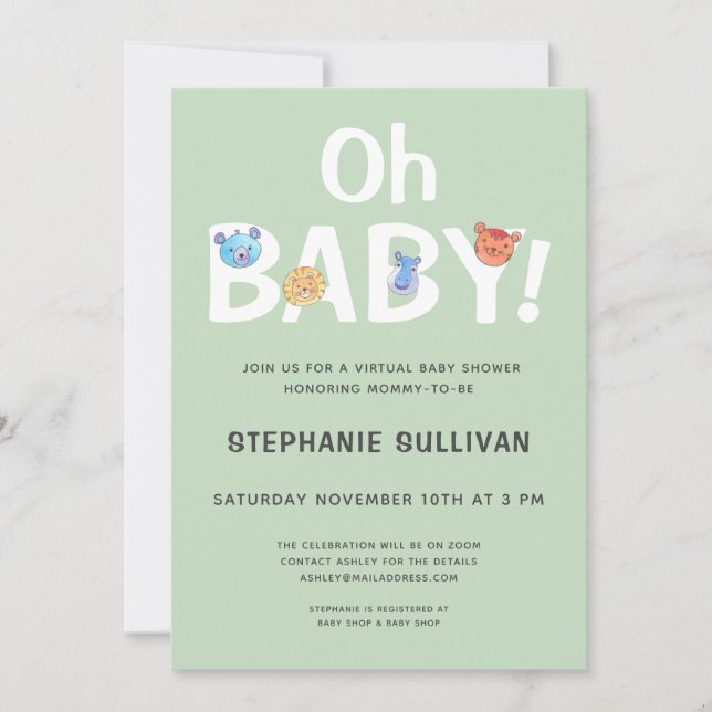 Invitación Baby Shower virtual moderno Oh bebé verde (Anverso)