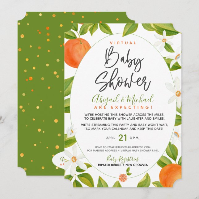 Invitación Baby Shower virtual neutral de Naranjas cítricos (Anverso / Reverso)