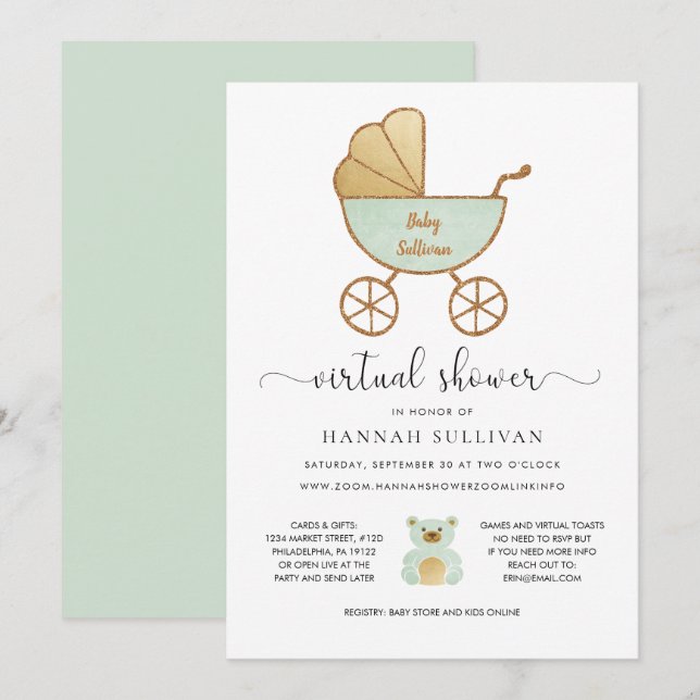 Invitación Baby Shower virtual | Oro verde de transporte retr (Anverso / Reverso)