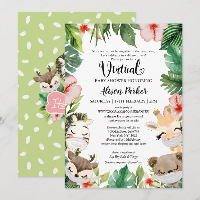 Invitación Baby Shower virtual para CHICA | Safari Friends (Anverso / Reverso)