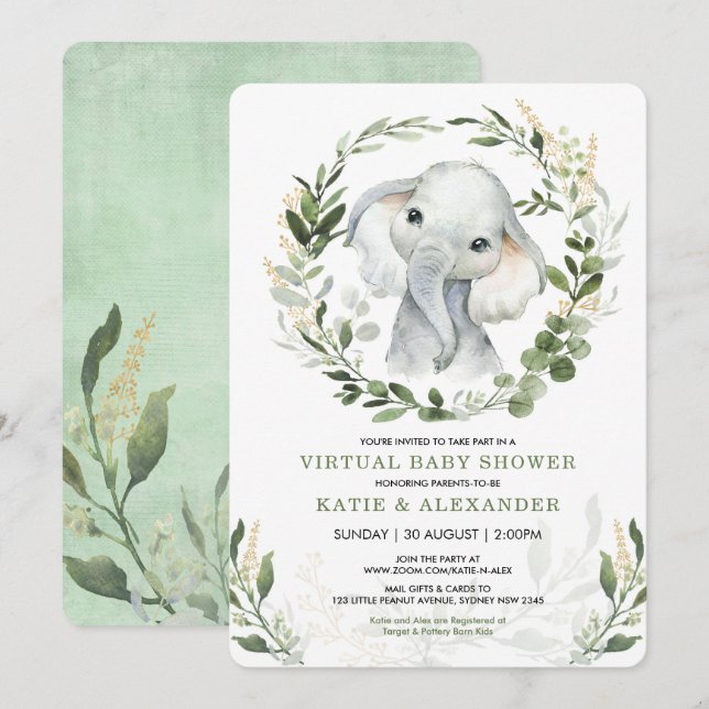 Invitación Baby Shower virtual por correo | Elefante verde (Anverso / Reverso)