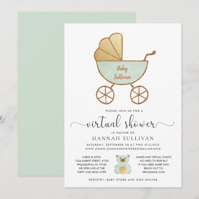 Invitación Baby Shower virtual retro de oro de fábrica de tra (Anverso / Reverso)