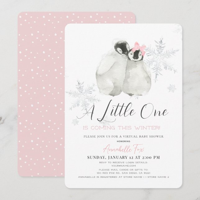 Invitación Baby Shower virtual rosa de copo de nieve en invie (Anverso / Reverso)