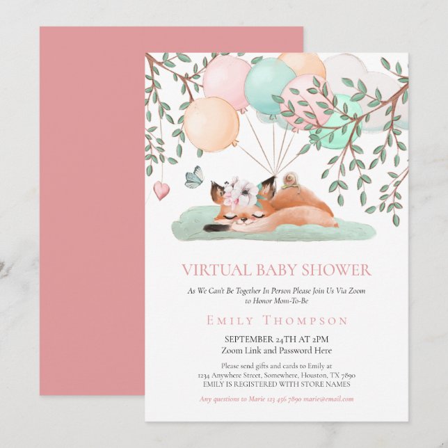Invitación Baby Shower virtual rosa del globo de Fox sonrient (Anverso / Reverso)