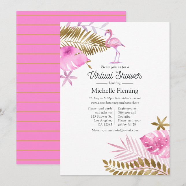 Invitación Baby Shower virtual sobre flamenco rosa y dorado (Anverso / Reverso)