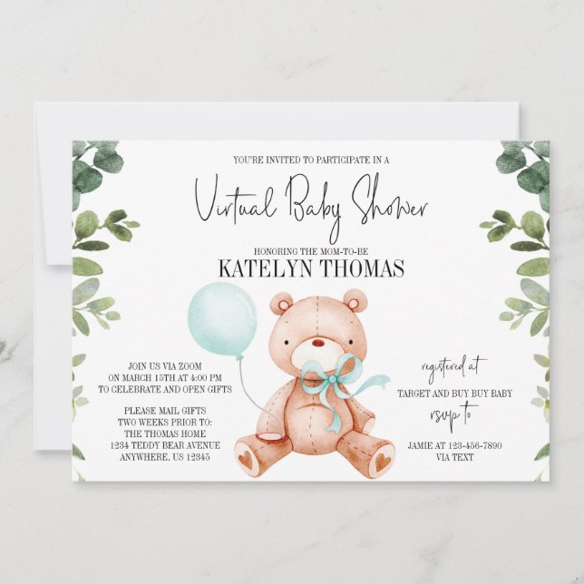 Invitación Baby Shower virtual sobre la vegetación de Teddy B (Anverso)