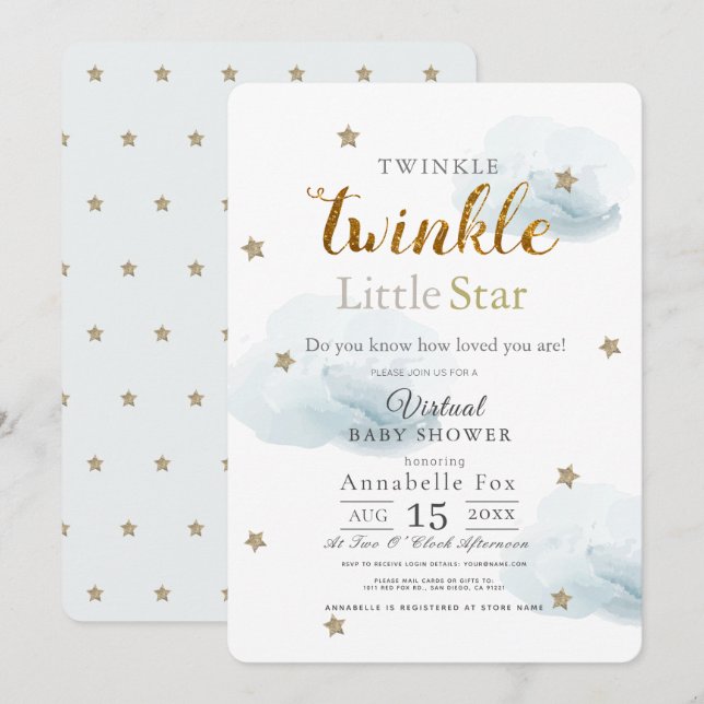 Invitación Baby Shower virtual Twinkle Little Star Cloud Blue (Anverso / Reverso)