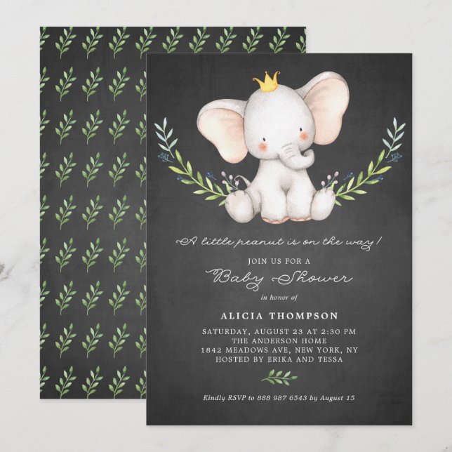 Invitación Baby Shower Watercolor Baby Elephant Chalkboard (Anverso / Reverso)