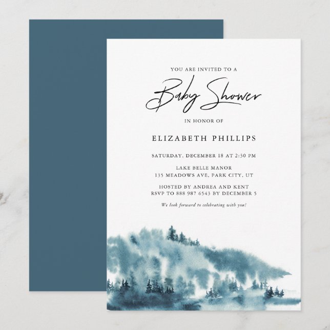 Invitación Baby Shower Watercolor Blue Forest Winter (Anverso / Reverso)