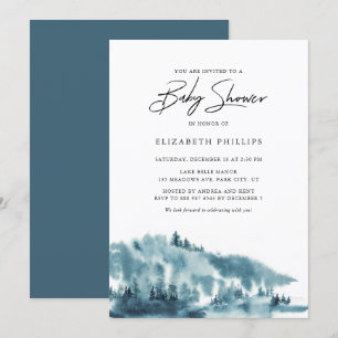 Invitación Baby Shower Watercolor Blue Forest Winter