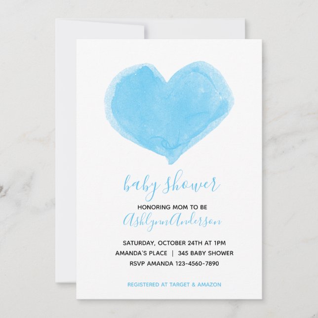 Invitación Baby Shower Watercolor Blue Heart (Anverso)