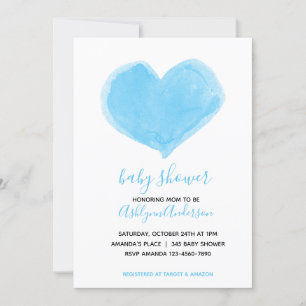Invitación Baby Shower Watercolor Blue Heart