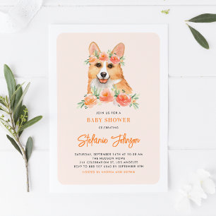 Invitación Baby Shower Watercolor Corgi Peach Florals