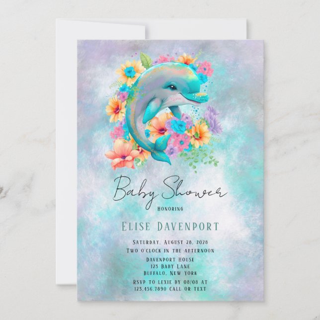 Invitación Baby Shower Watercolor Cute Dolphin y Florines (Anverso)
