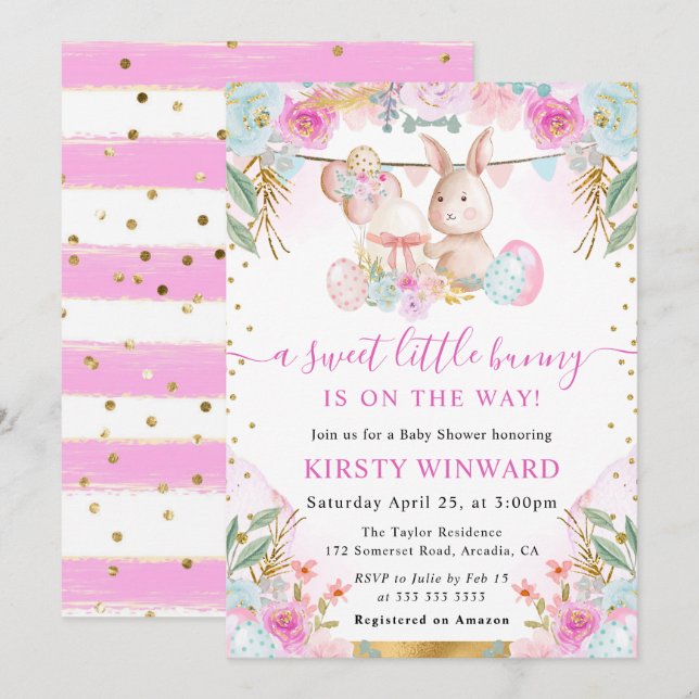 Invitación Baby Shower Watercolor Easter Rabbit and Flowers (Anverso / Reverso)