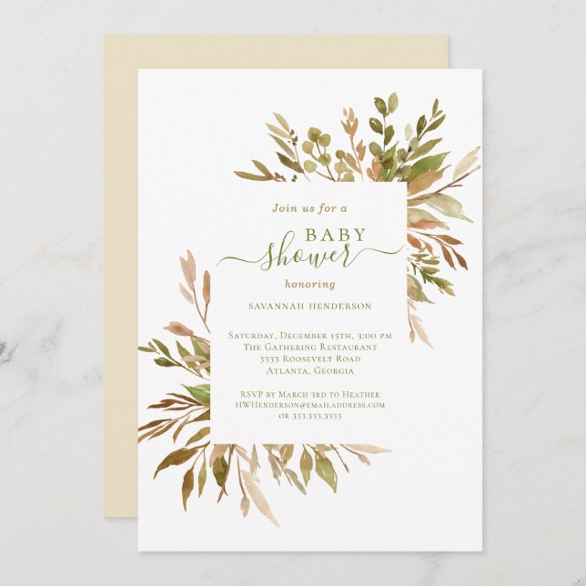 Invitación Baby Shower Watercolor Fall Greenery (Anverso / Reverso)