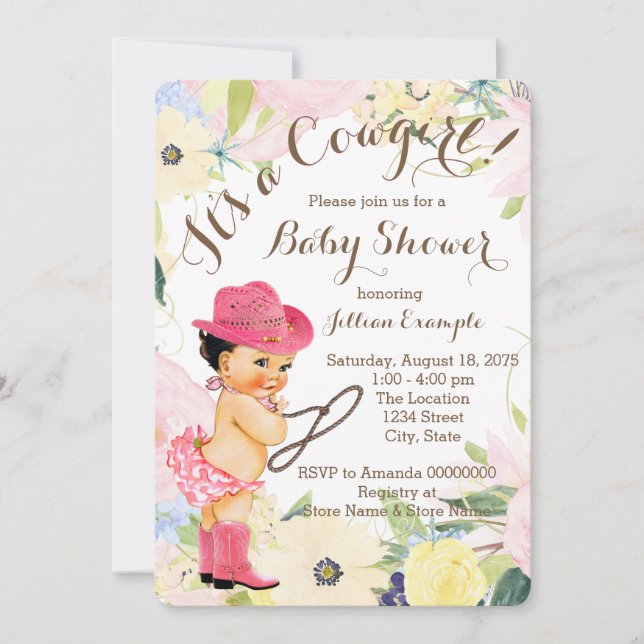 Invitación Baby Shower Watercolor Floral Cowgirl (Anverso)