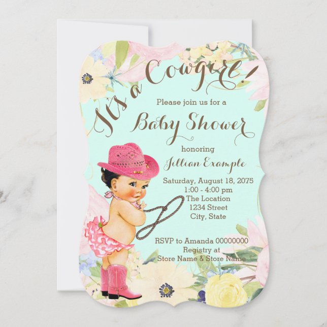 Invitación Baby Shower Watercolor Floral Cowgirl (Anverso)