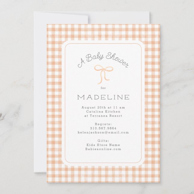 Invitación Baby Shower Watercolor Gingham Peach (Anverso)