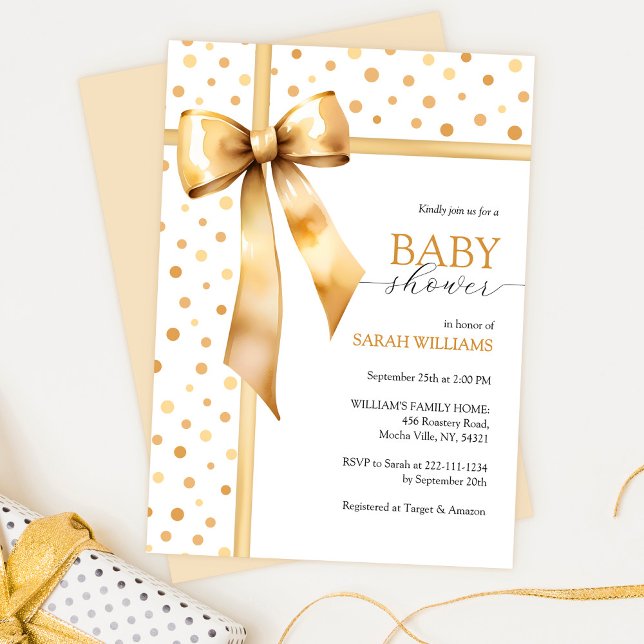 Invitación Baby Shower Watercolor Gold Bow (Subido por el creador)