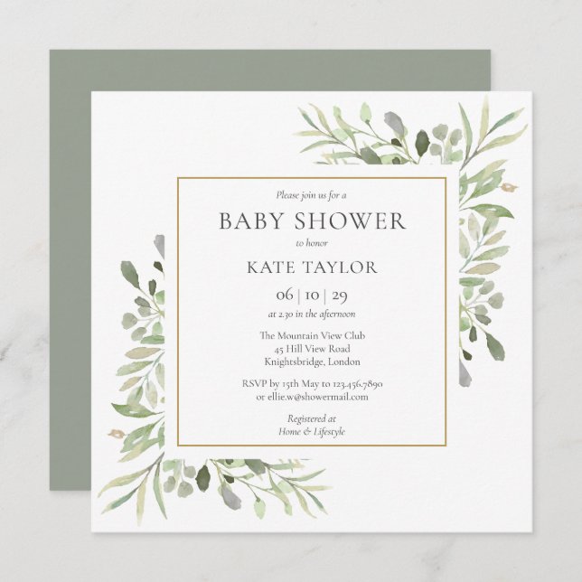 Invitación Baby Shower Watercolor Gold Greenery | Espolvorear (Anverso / Reverso)