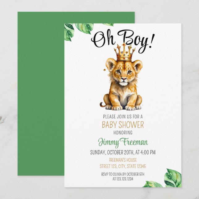 Invitación Baby Shower Watercolor Green & Gold Cute Lion (Anverso / Reverso)