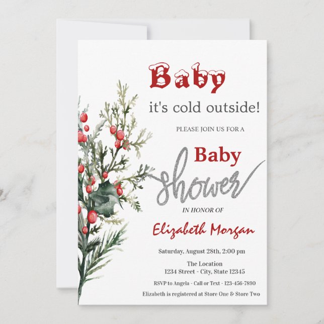 Invitación Baby Shower Watercolor Holly Berry Greenery (Anverso)