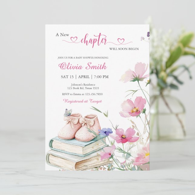 Invitación Baby Shower Watercolor Pink Floral Storybook (Anverso de pie)