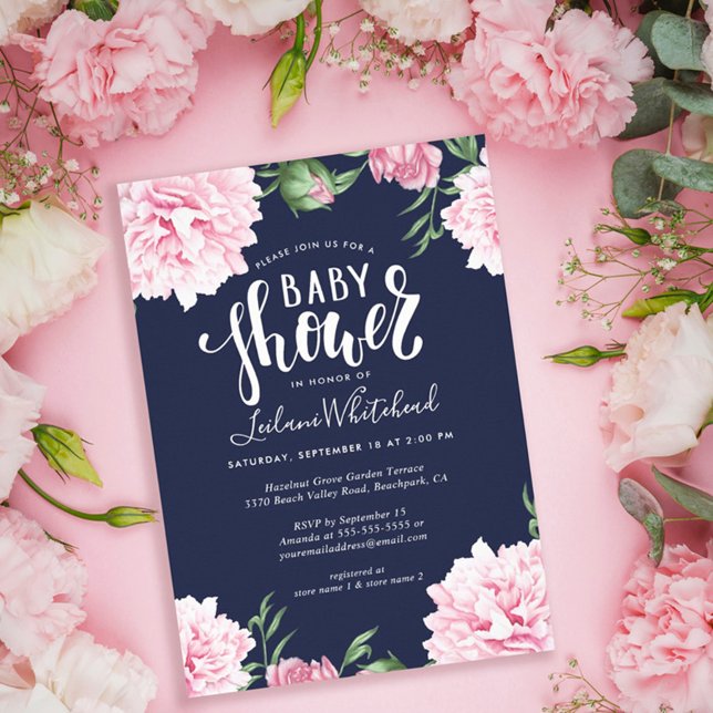 Invitación Baby Shower Watercolor Pink Peony Floral Naval (Subido por el creador)